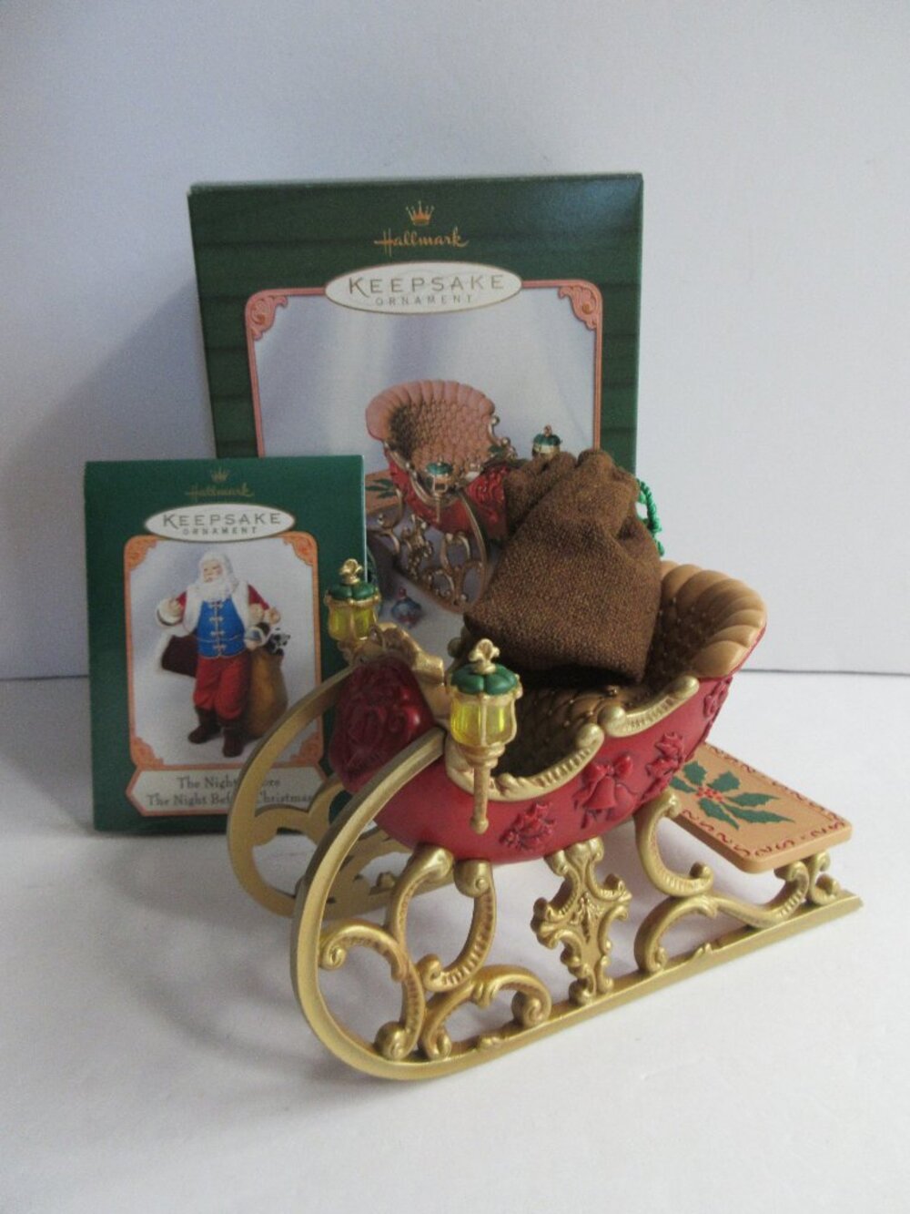 2001 Santa's Sleigh Christmas Ornament With Toys 2 Pcs Hallmark Keepsake New